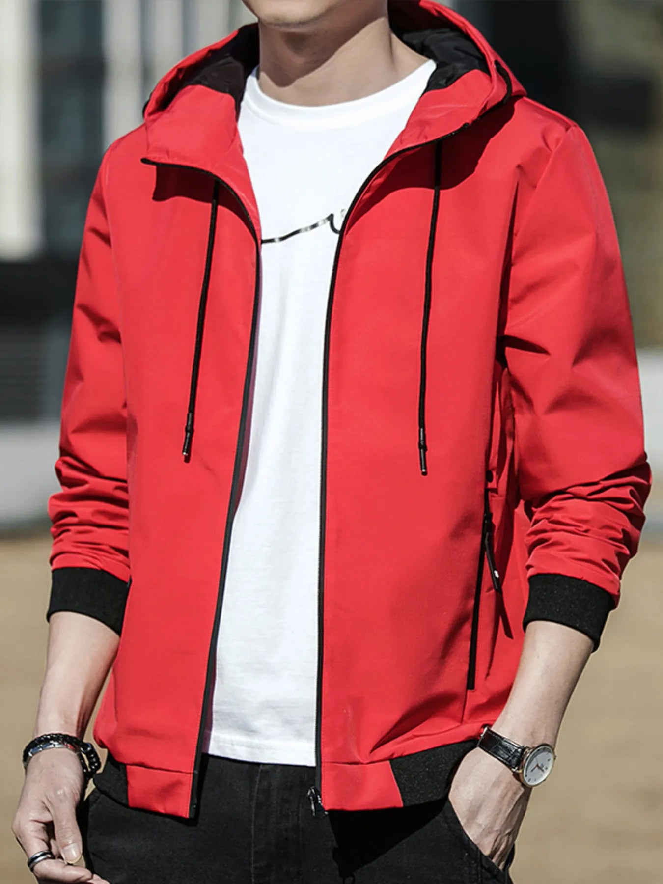 Men's Plus Size Drawstring Zip Up Long Sleeve Hooded Jacket Red - Fashorio