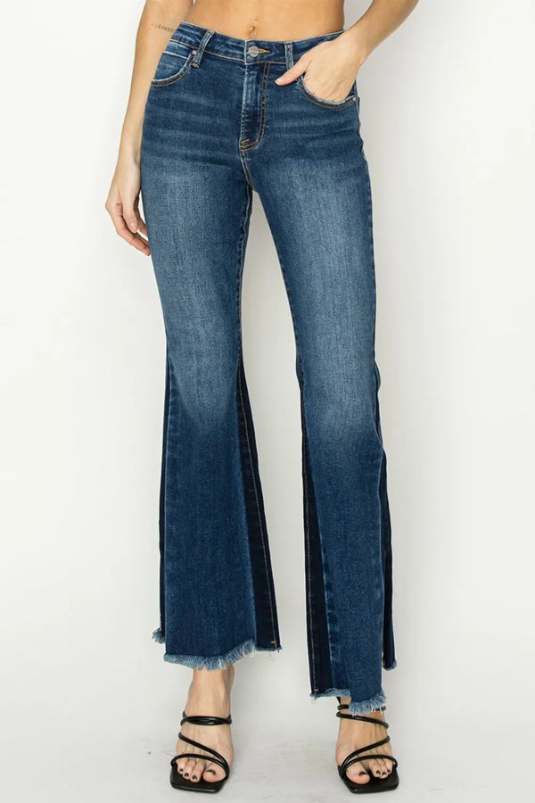 RISEN Full Size High Rise Side Shadow Seam Detail Slit Flare Jeans Dark - Fashorio