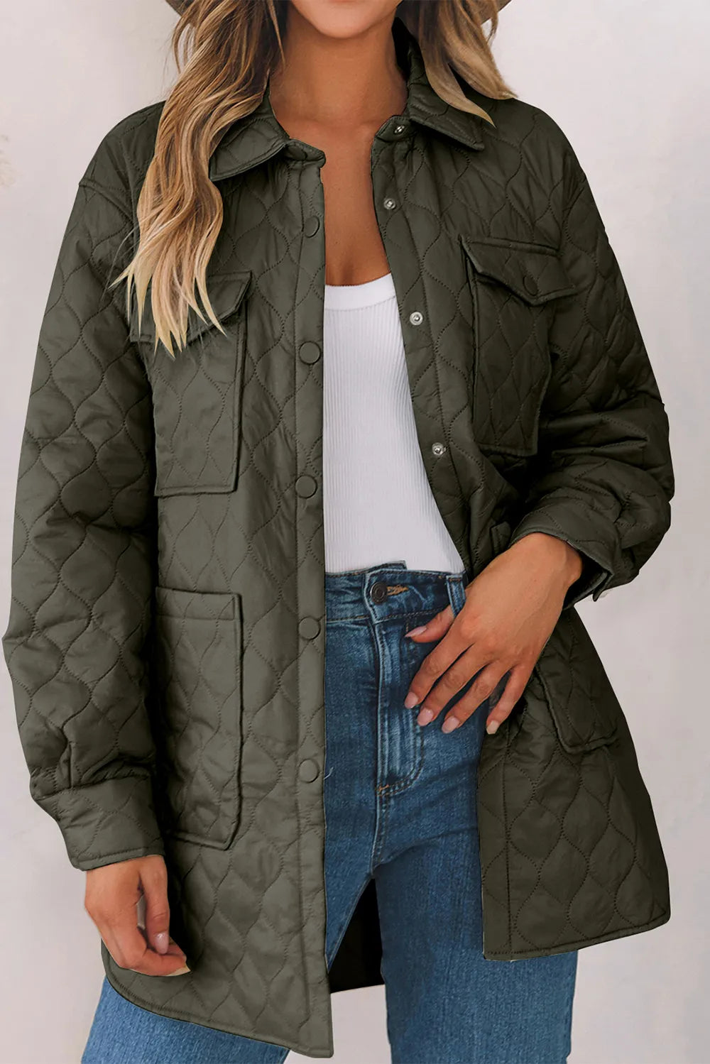 Snap Down Collared Winter Coat Army Green - Fashorio