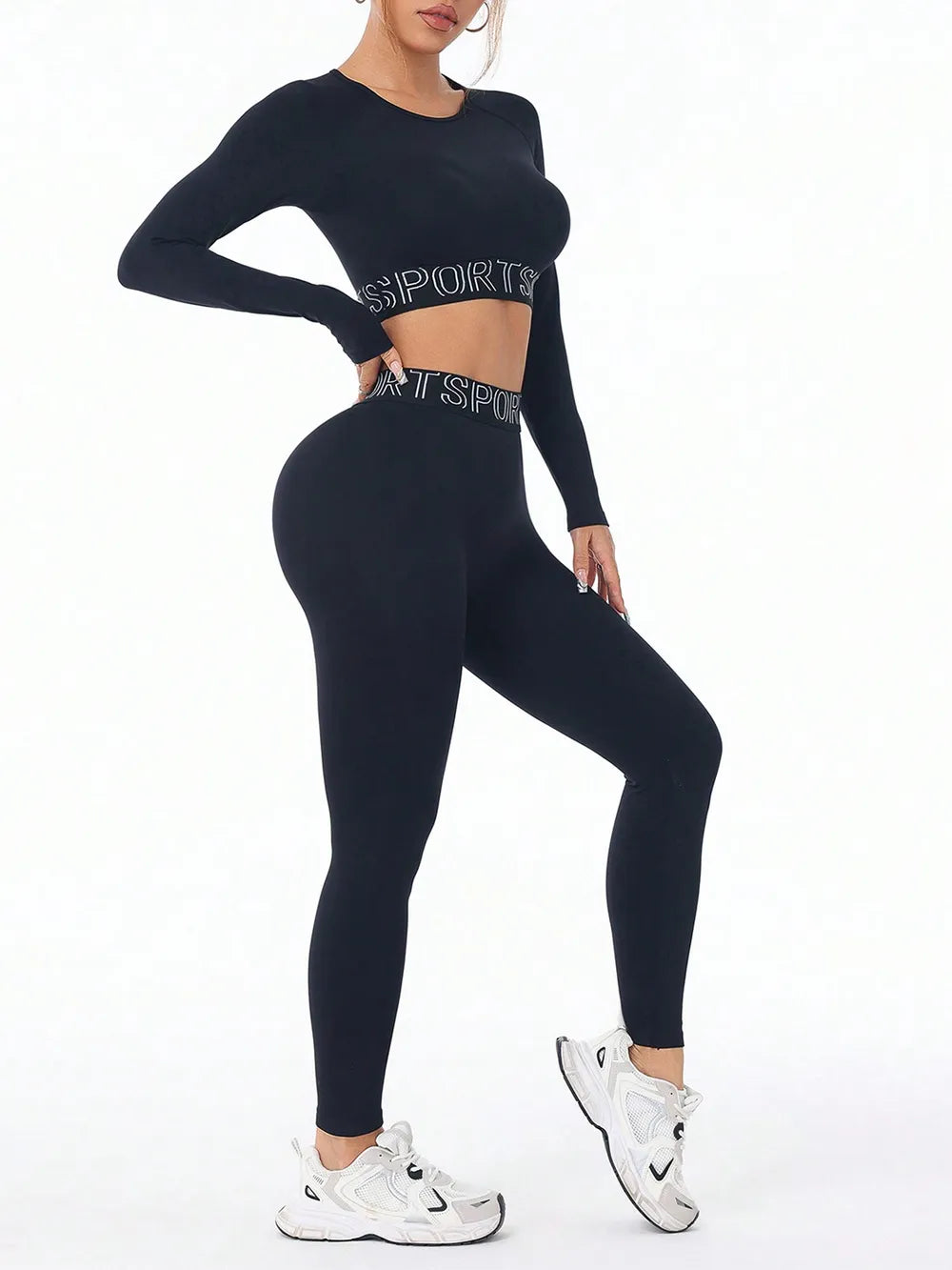 Letter Print Round Neck Long Sleeve Top and Leggings Active Set - Fashorio