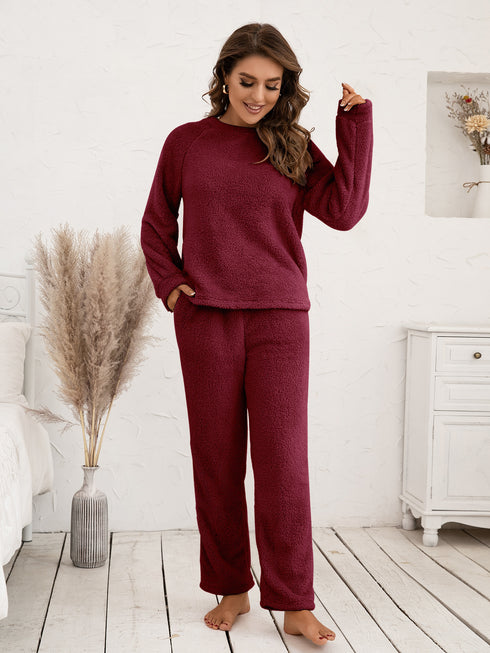 Ivy Lane Teddy Long Sleeve Top and Pants Lounge Set Burgundy - Fashorio