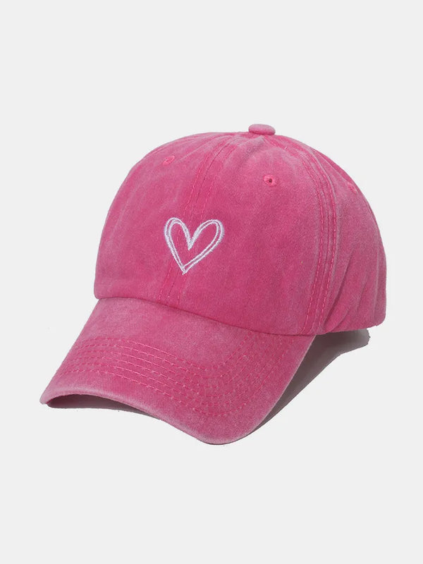 Embroidered Heart Washed Cotton Baseball Cap Hot Pink One Size - Fashorio