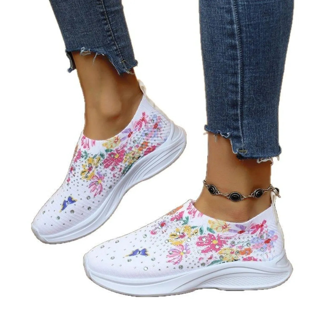Rhinestone Floral Print Sneakers - Fashorio