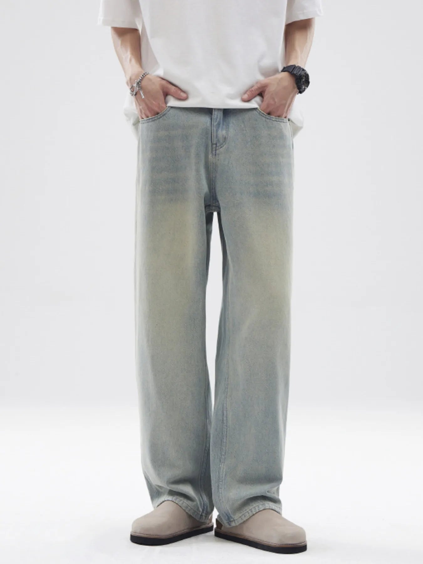 Men's Full Size Vintage Washed Wide Leg Relaxed Fit Jeans Plus Size Light Blue - Fashorio