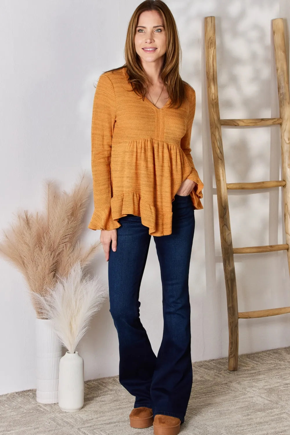 Hailey & Co Full Size V-Neck Flounce Sleeve Blouse - Fashorio