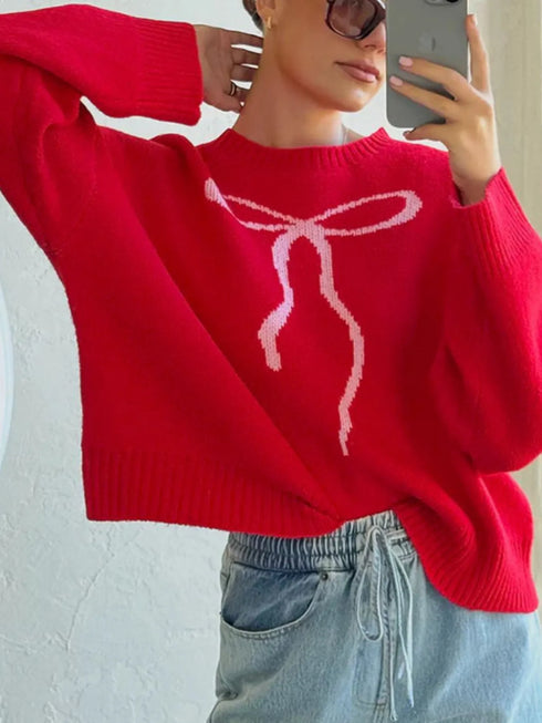 Bow Graphic Ribbed Hem Round Neck Sweater - Fashorio