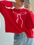 Bow Graphic Ribbed Hem Round Neck Sweater - Fashorio