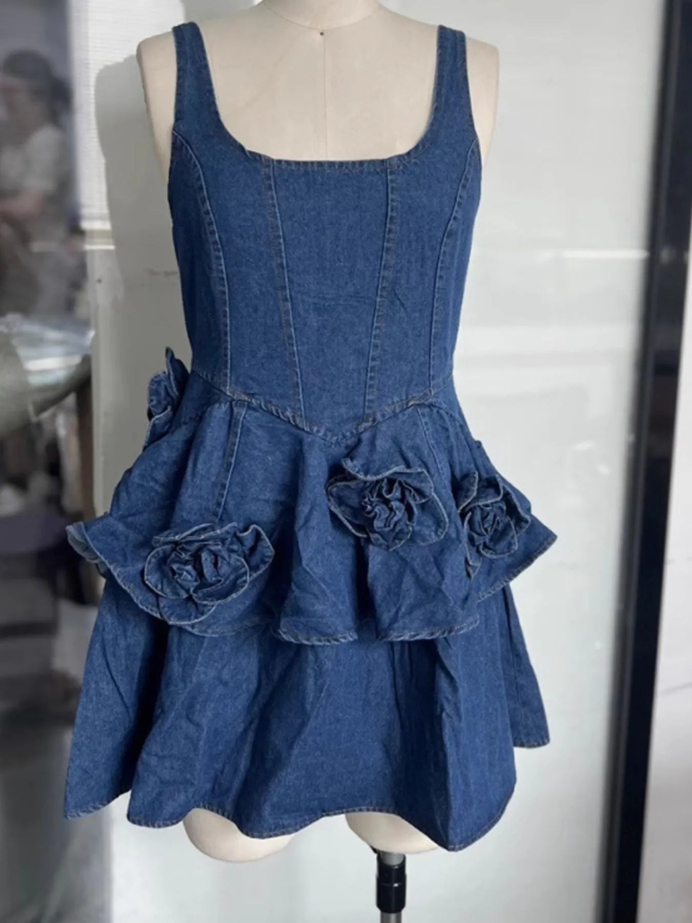 Ruffled Layered Scoop Neck Denim Dress - Fashorio