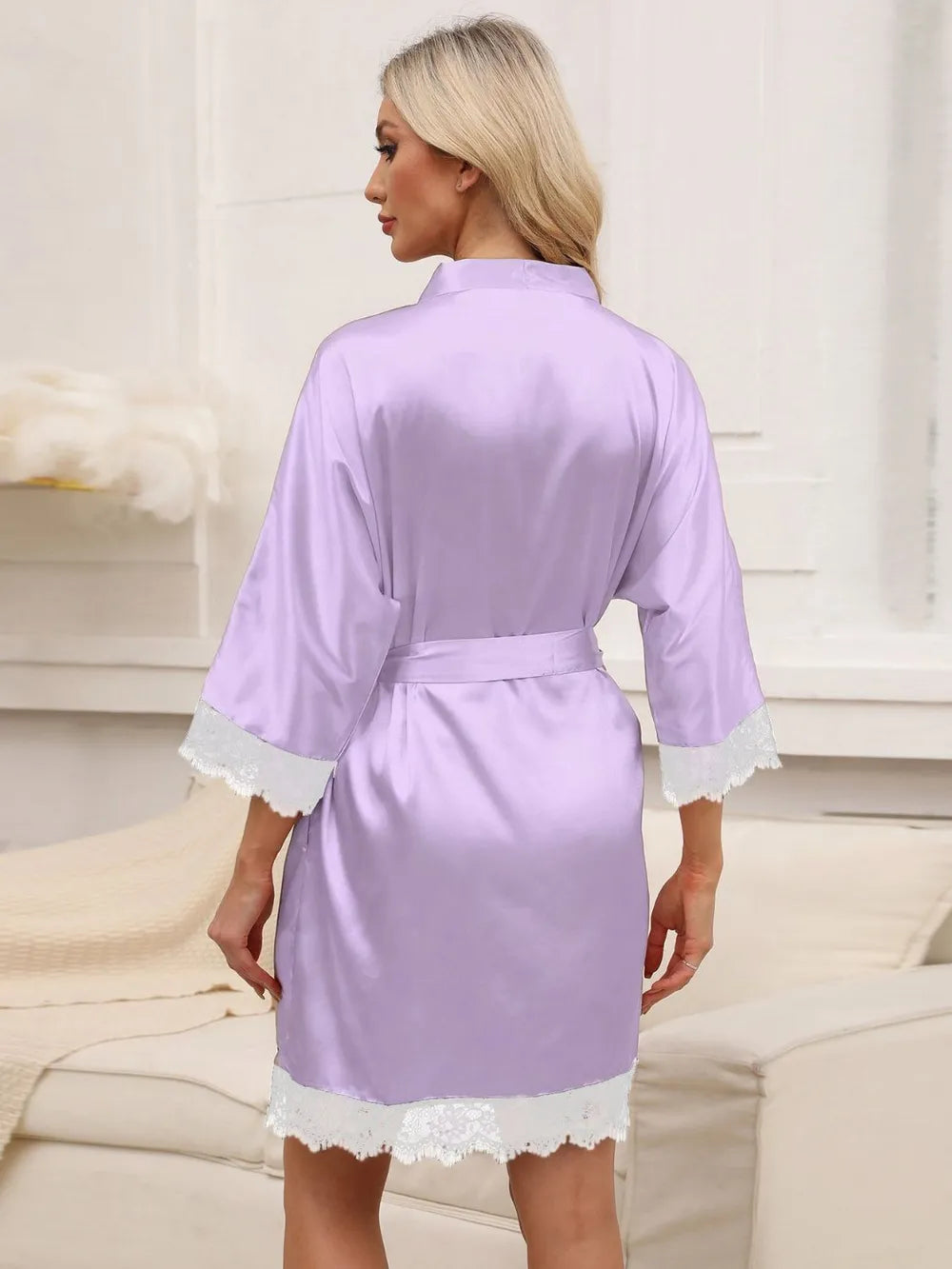 Tied Lace Detail Three-Quarter Sleeve Lounge Nightgown - Fashorio