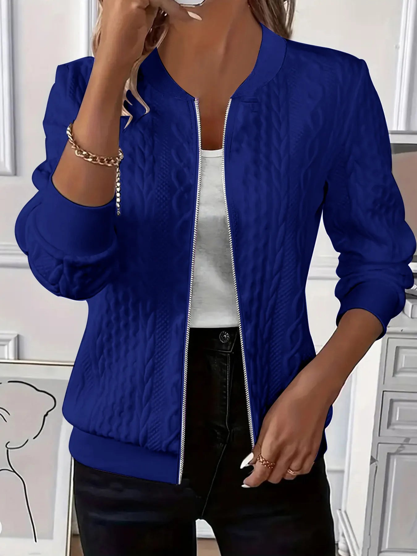 Texture Zip Up Long Sleeve Jacket Blue - Fashorio