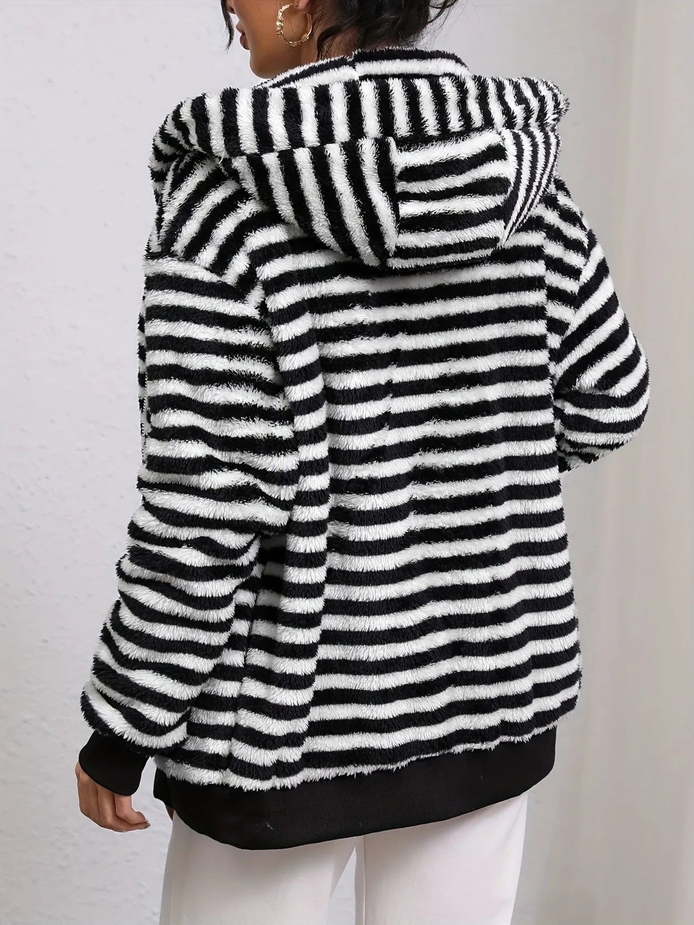 Striped Fuzzy Zip Up Hooded Outerwear - Fashorio