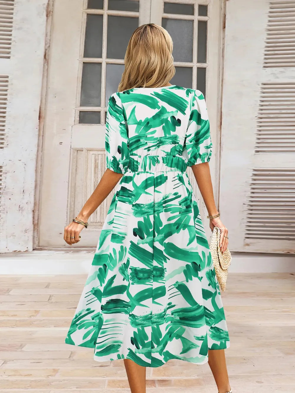 Ruched Printed Surplice Short Sleeve Dress - Fashorio