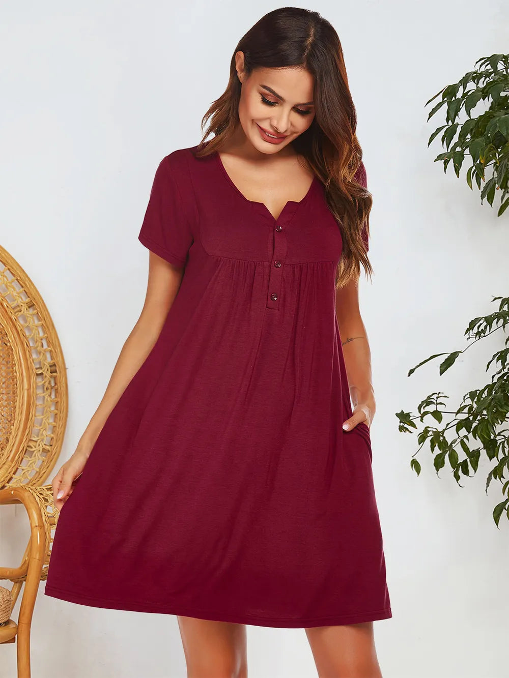 Notched Short Sleeve Mini Lounge Dress - Fashorio