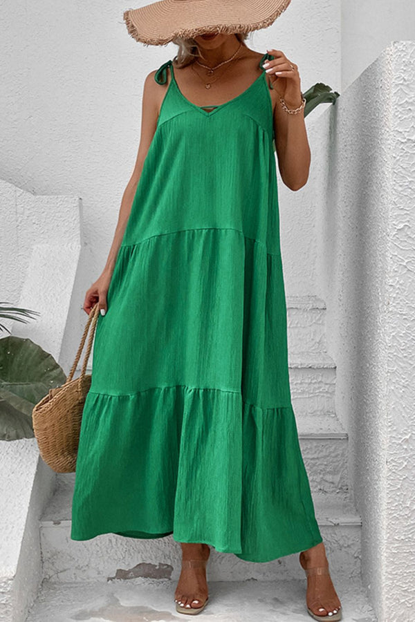 Perfee Tie-Shoulder Tiered Maxi Dress Green - Fashorio