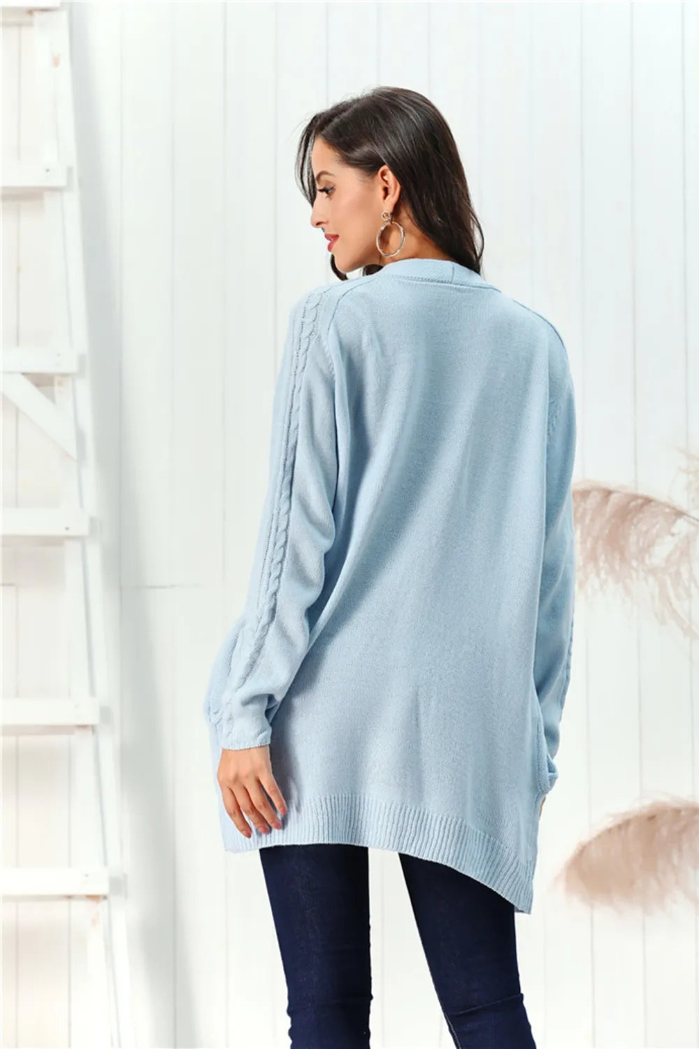 Cable-Knit Open Front Long Sleeve Cardigan Light Blue - Fashorio