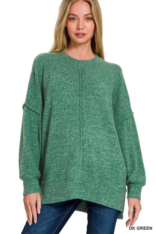 Zenana Brushed Melange Hacci Oversized Sweater DK GREEN - Fashorio
