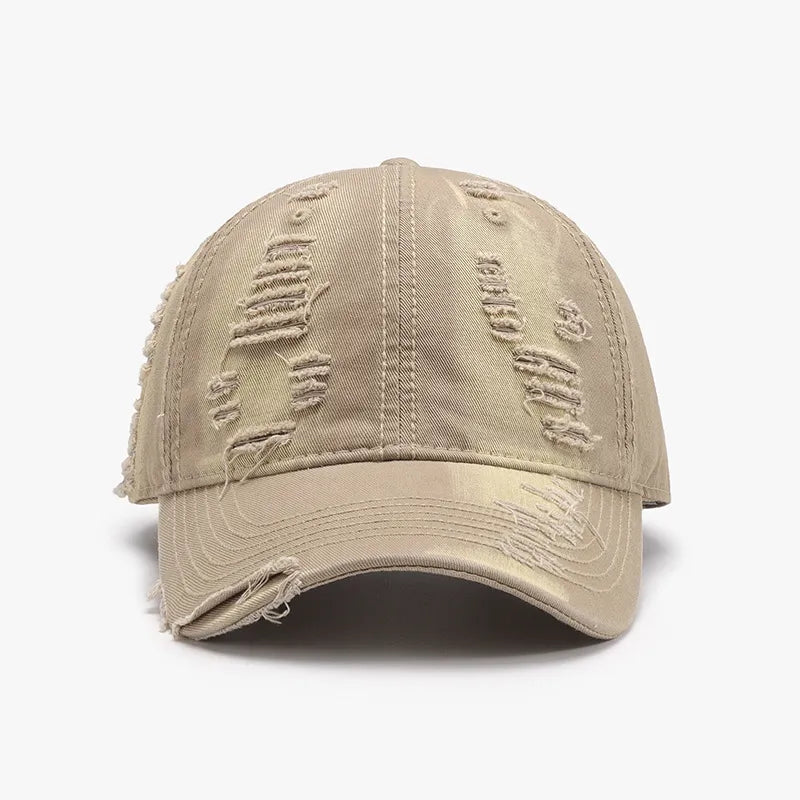 Distressed Adjustable Cotton Baseball Cap Khaki One Size - Fashorio