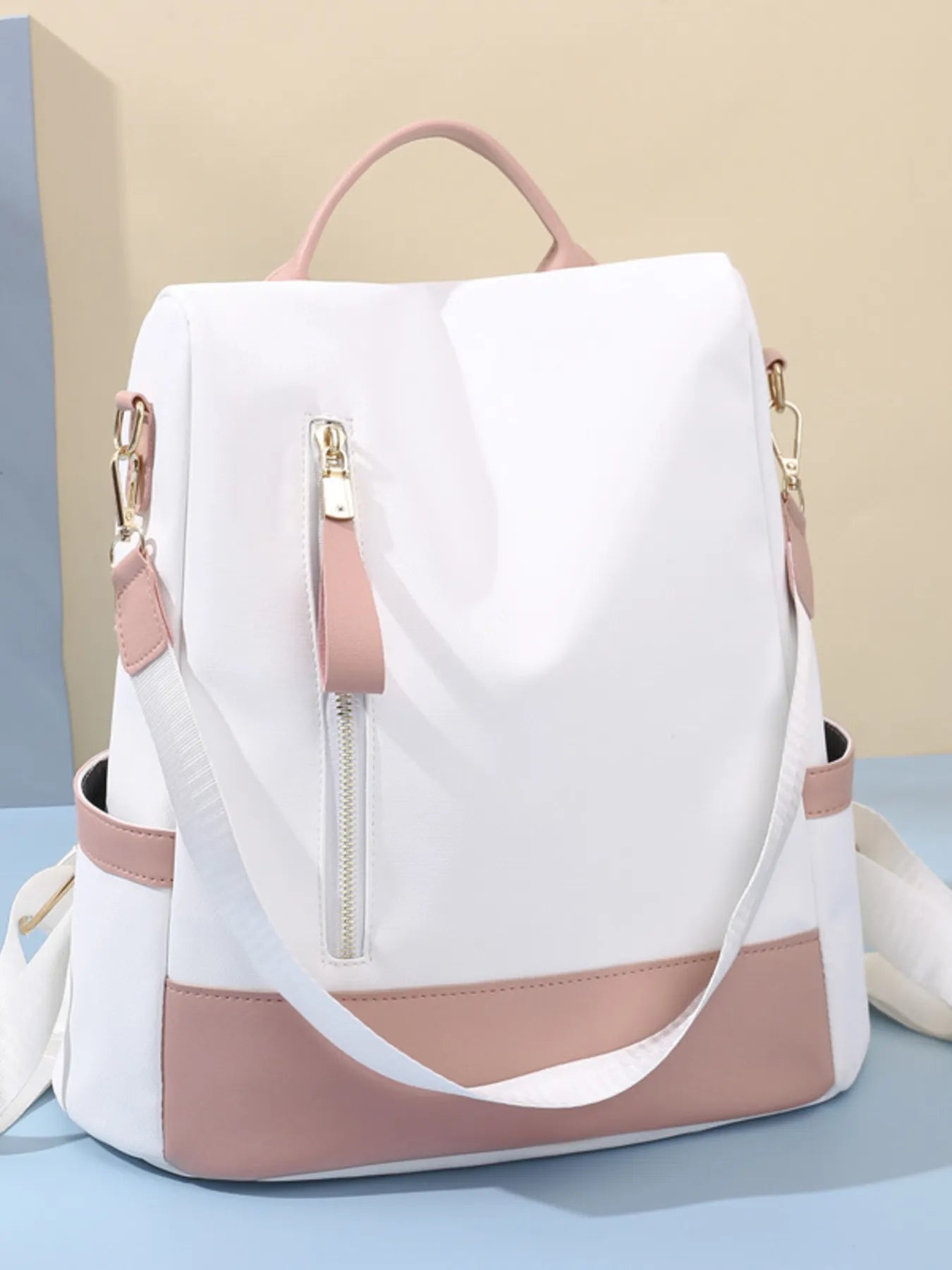 Color Block Convertible Backpack Bag Dusty Pink One Size - Fashorio