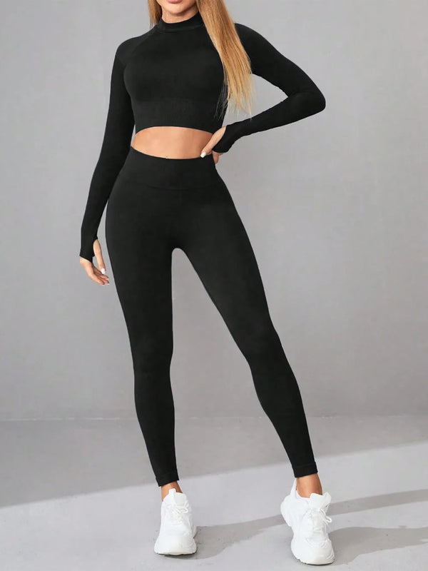 Mock Neck Long Sleeve Top and Leggings Active Set Black - Fashorio