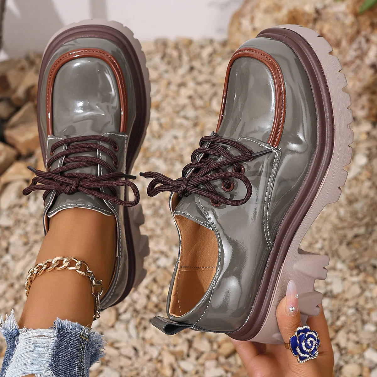 Round Toe Block Heels Loafers Light Gray - Fashorio