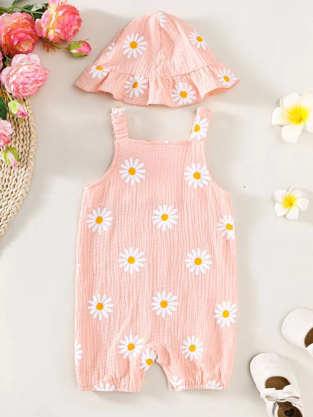 Children's Daisy Textured Wide Strap Romper and Hat Set - Fashorio
