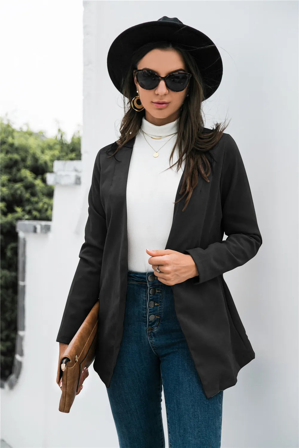 Three-Quarter Sleeve Blazer Black - Fashorio