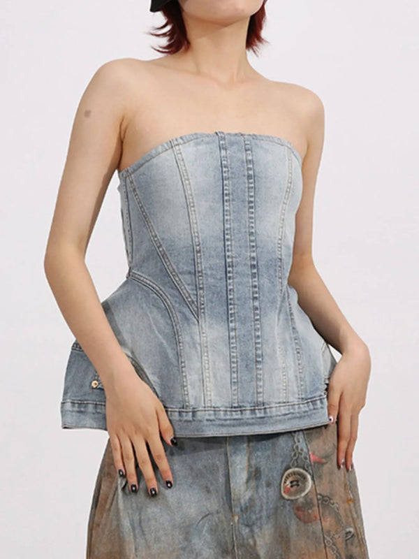Zip Back Denim Tube Top Light - Fashorio