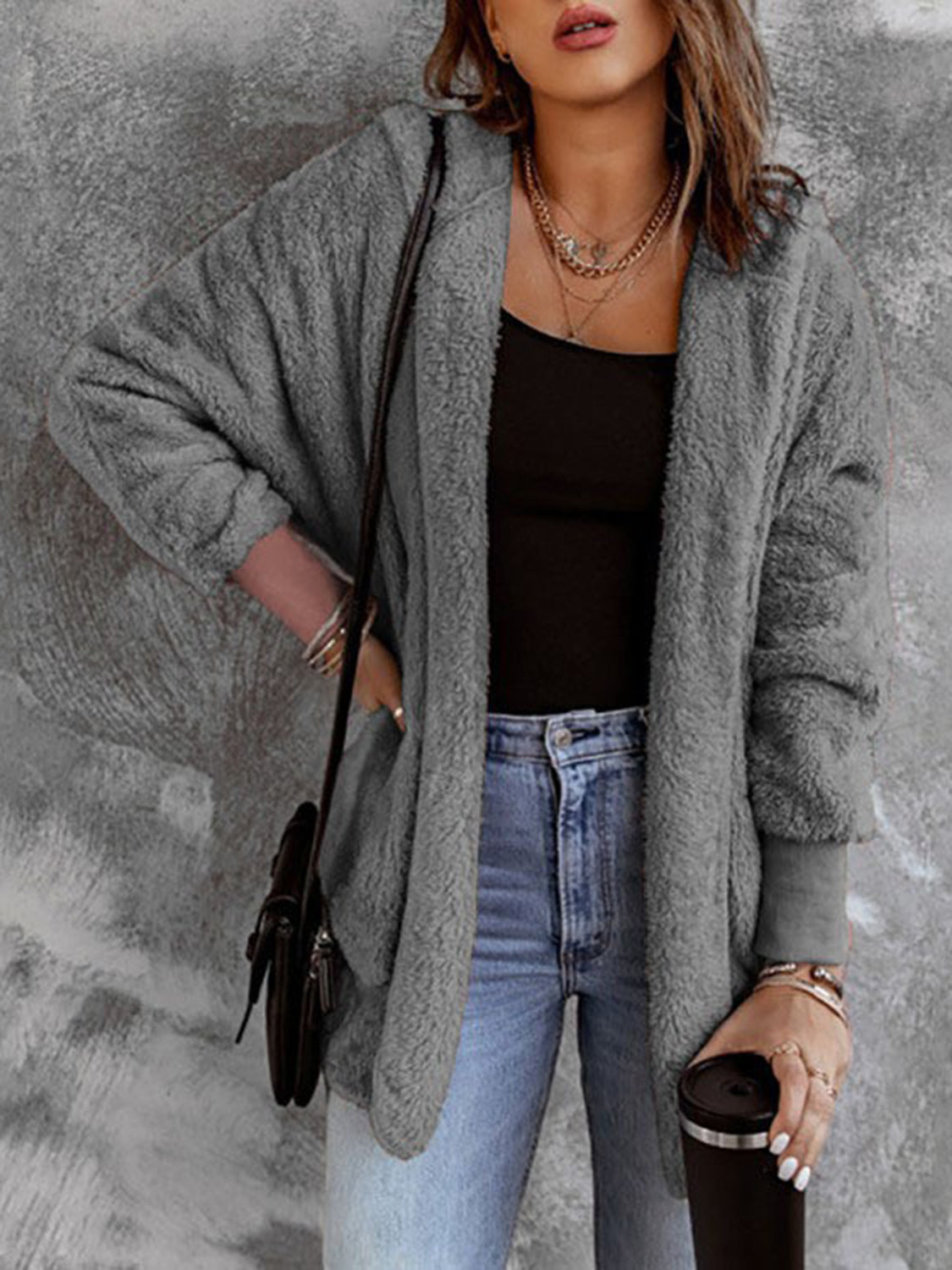 Open Front Hooded Faux Fur Outwear with Pockets Dark Gray - Fashorio