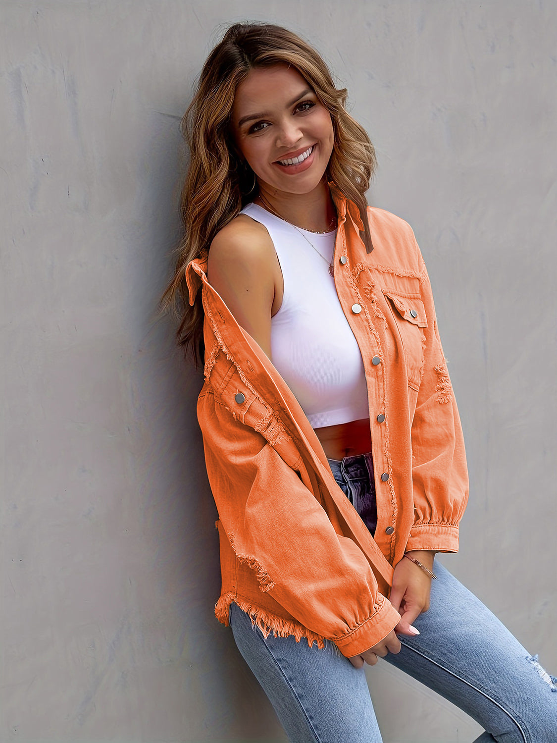 Distressed Drop Shoulder Denim Jacket - Fashorio