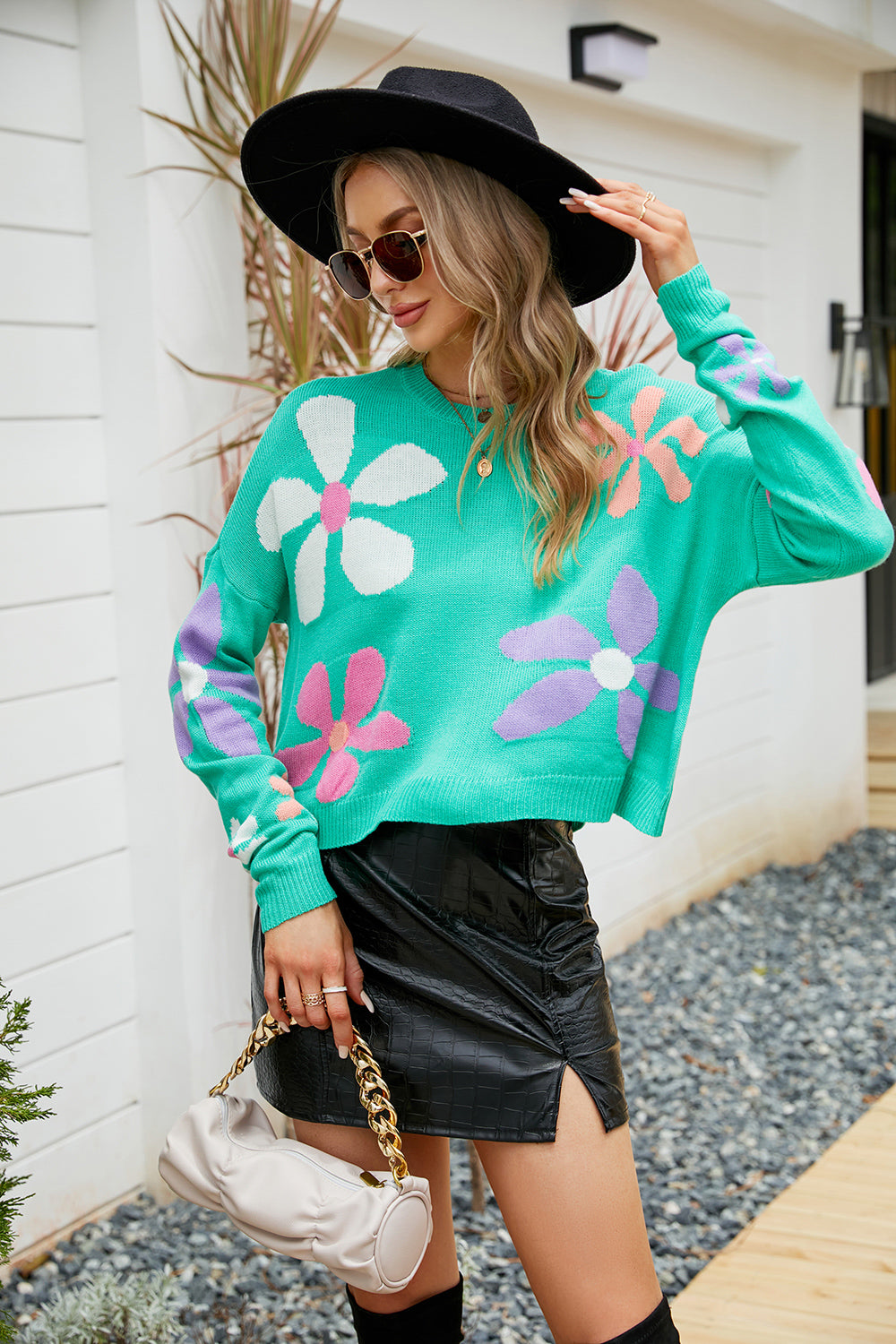 Flower Round Neck Drop Shoulder Sweater - Fashorio