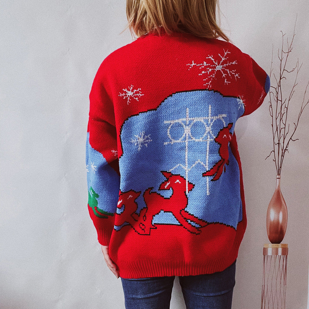 Printed Round Neck Long Sleeve Sweater - Fashorio