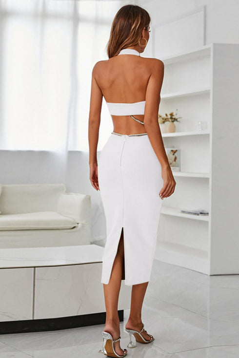 Rhinestone Halter Neck Cutout Slit Midi Dress - Fashorio