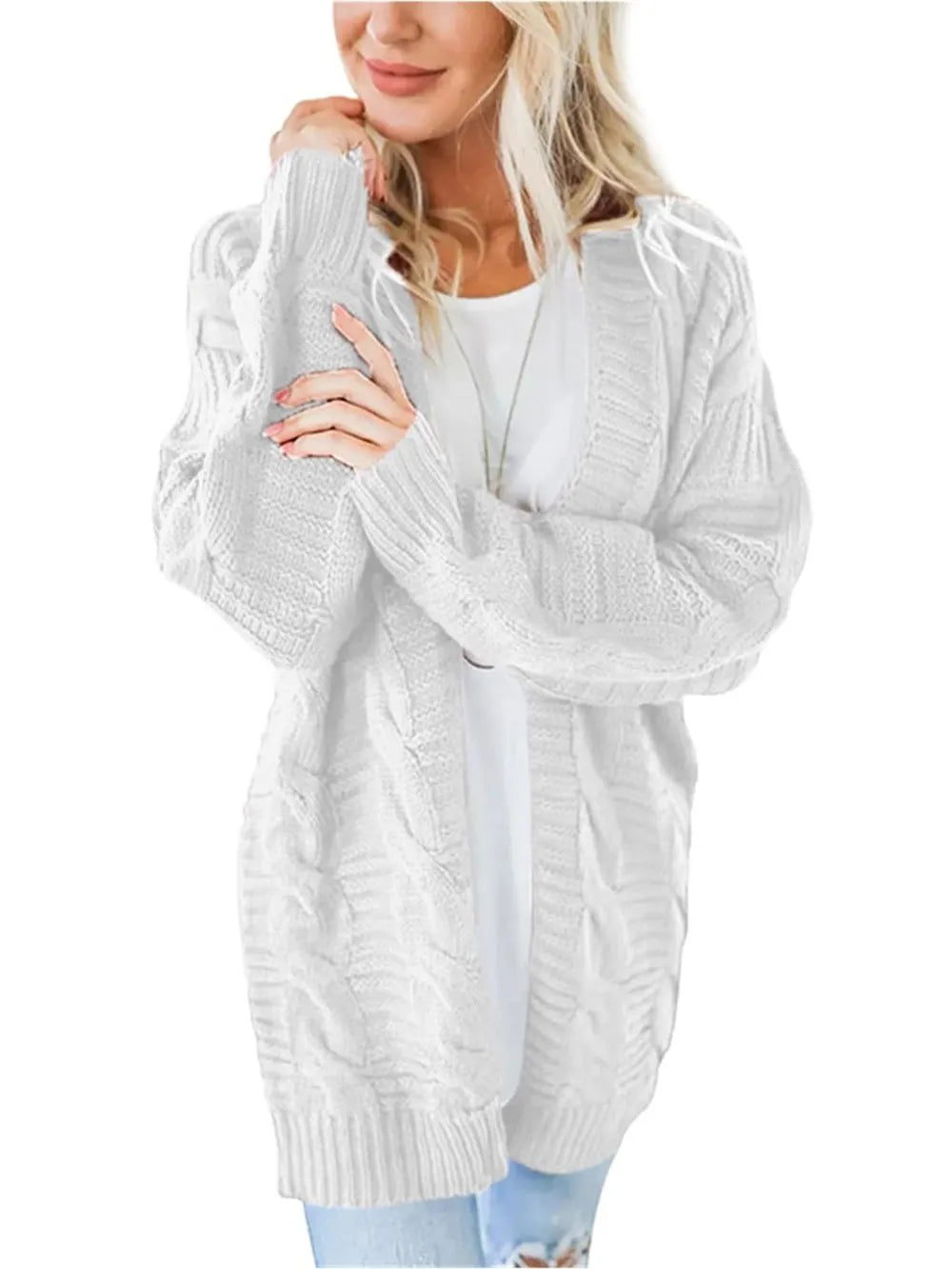 Cable-Knit Open Front Long Sleeve Cardigan - Fashorio