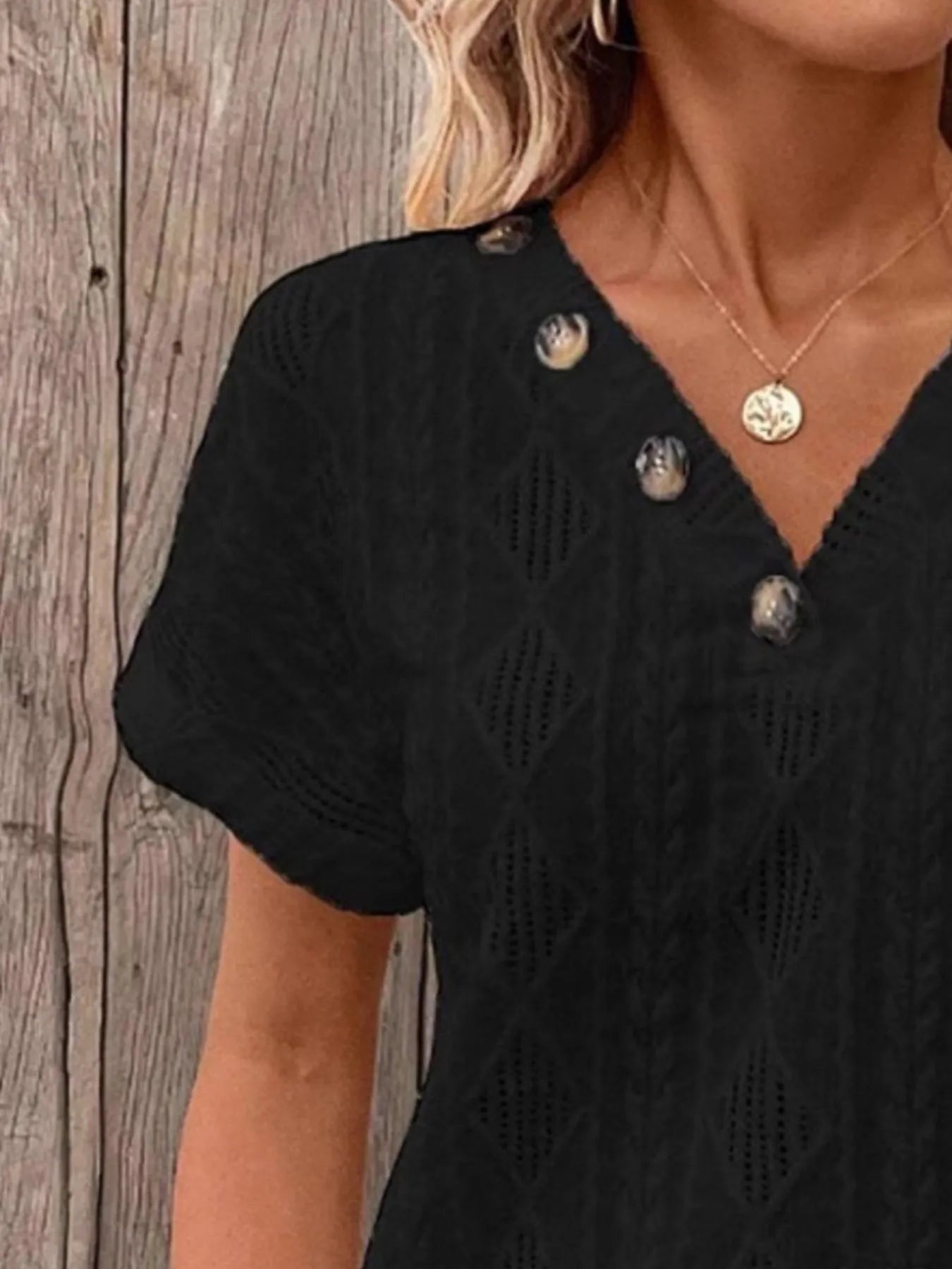 Textured V-Neck Short Sleeve Top - Fashorio