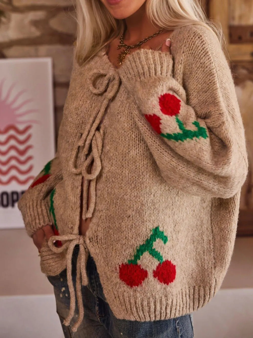 Tied Cherry Round Neck Long Sleeve Cardigan - Fashorio
