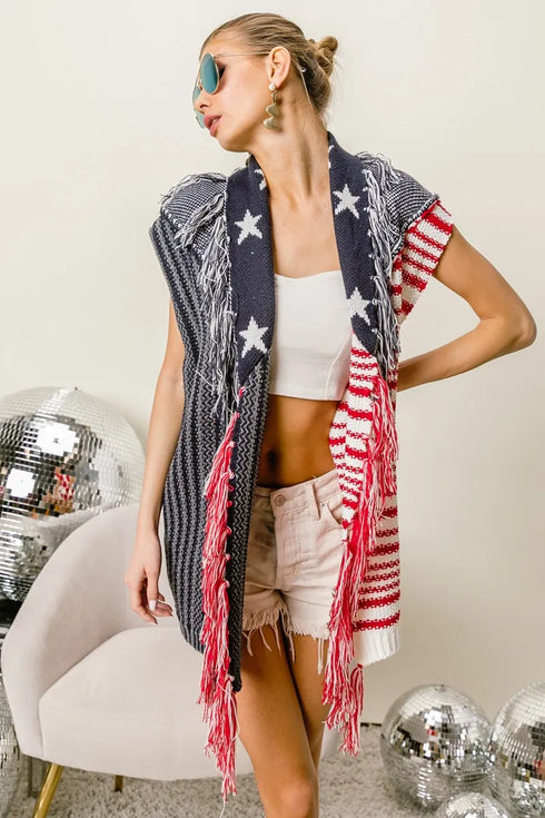 BiBi American Flag Fringe Edged Sweater Vest - Fashorio