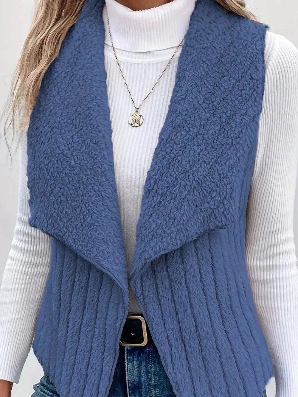 Open Front Fuzzy Vest Coat - Fashorio