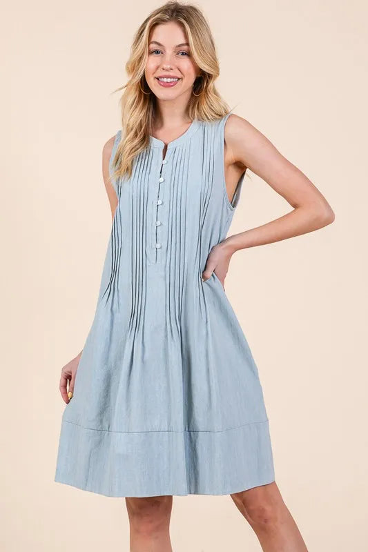 Lime 'N' Chili Denim Pintuck Detail Sleeveless Midi Dress - Fashorio