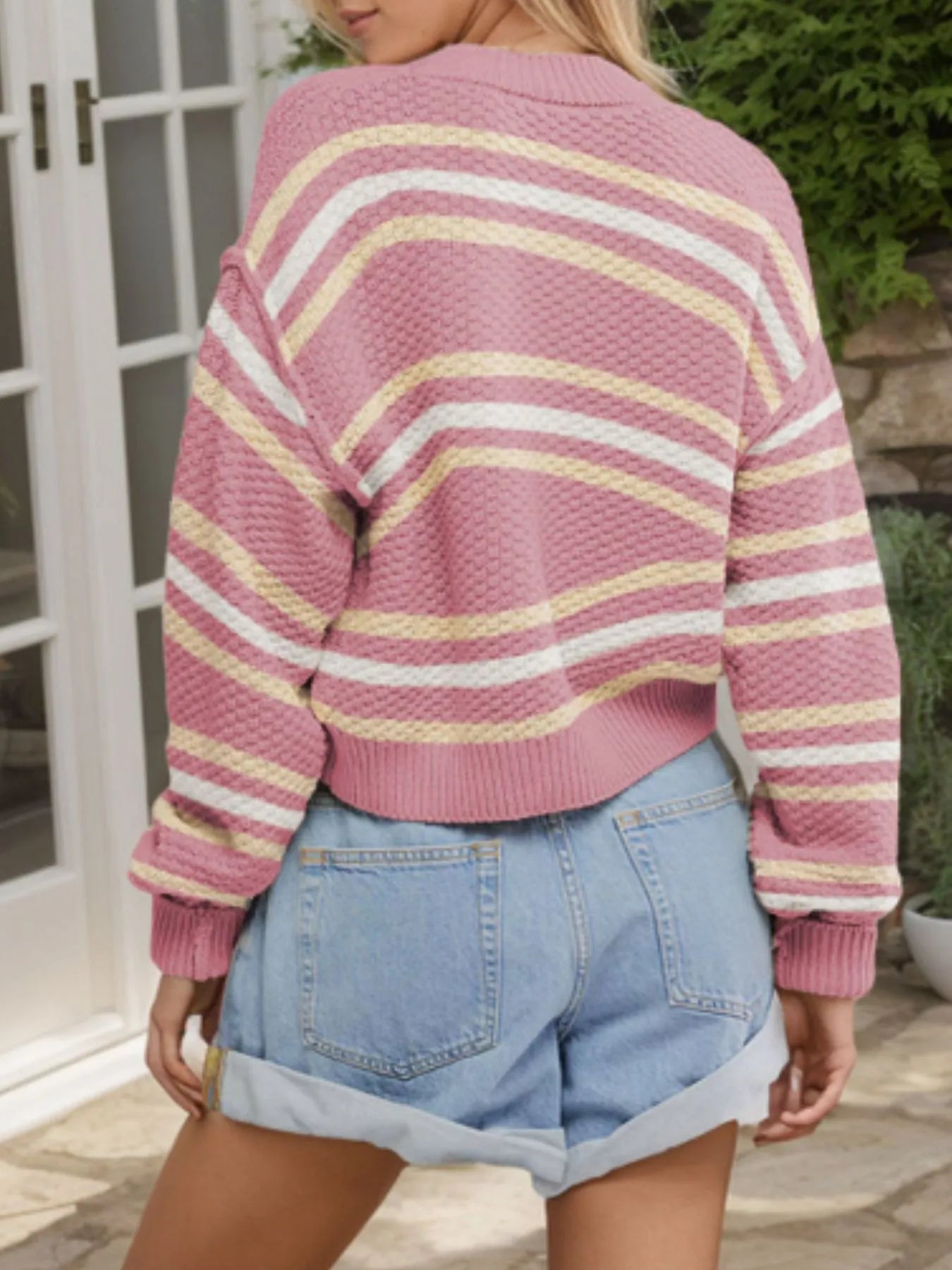Striped Button-Up Cropped Cardigan with Relaxed Fit - Fashorio