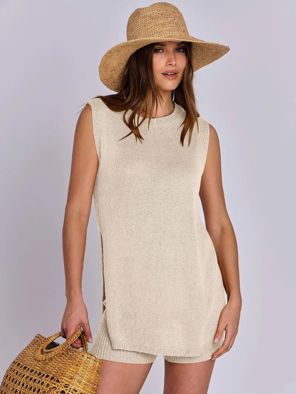 Side Slit Round Neck Tank and Ribbed Shorts Sweater Set - Fashorio