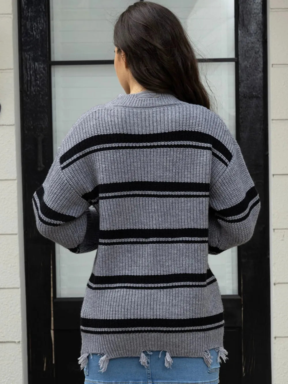 Striped Frayed Hem Round Neck Sweater - Fashorio