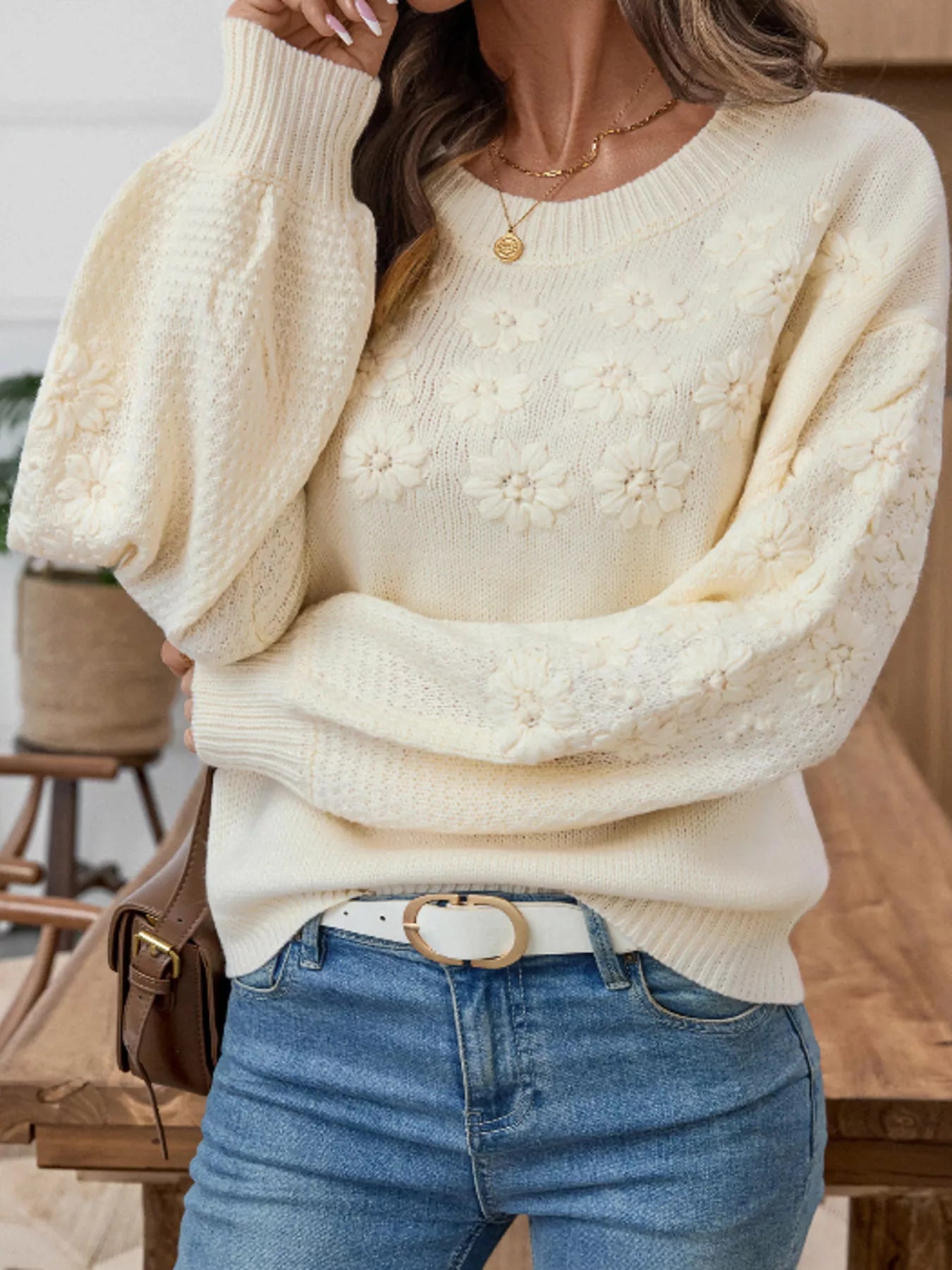 Flower Round Neck Long Sleeve Sweater - Fashorio