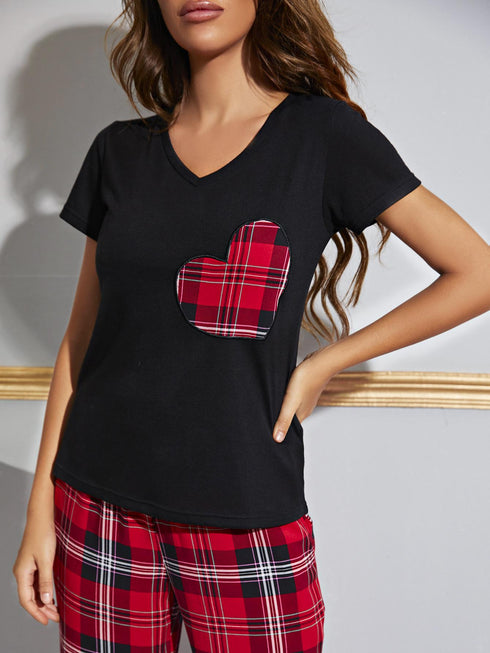 Heart Graphic V-Neck Top and Plaid Pants Lounge Set - Fashorio