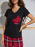 Heart Graphic V-Neck Top and Plaid Pants Lounge Set - Fashorio