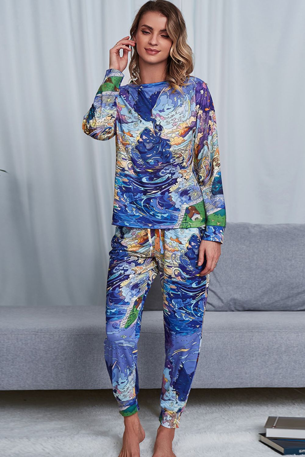 Shiny Tie-Dye Crewneck Top and Drawstring Waist Joggers Lounge Set Blue - Fashorio