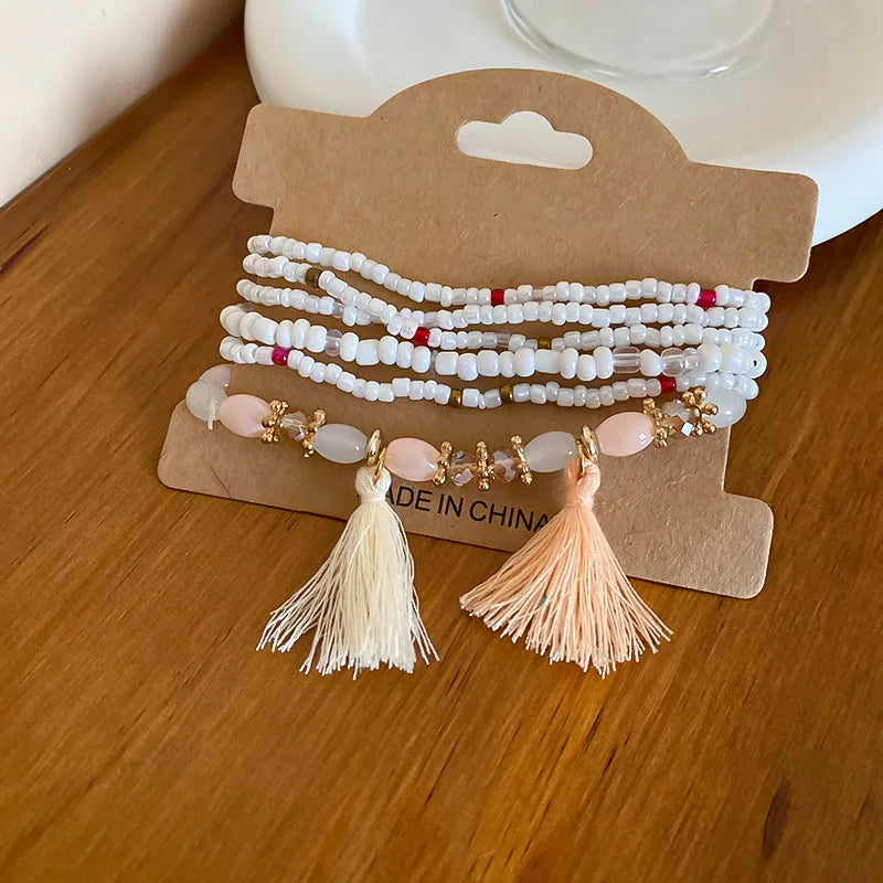Tassel Rice Bead Bracelet White One Size - Fashorio