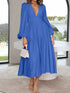 Deep V-Neck Balloon Sleeve Plain Maxi Dress Cobalt Blue - Fashorio