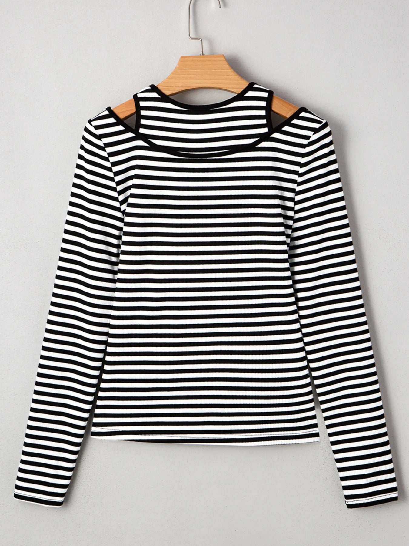 Stripe Double-layer Cold Shoulder Long Sleeve Top - Fashorio
