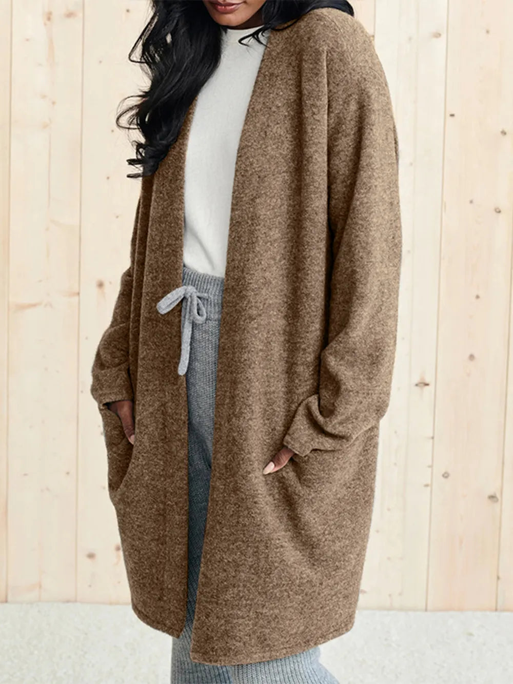Open Front Long Sleeve Cardigan with Pockets - Fashorio