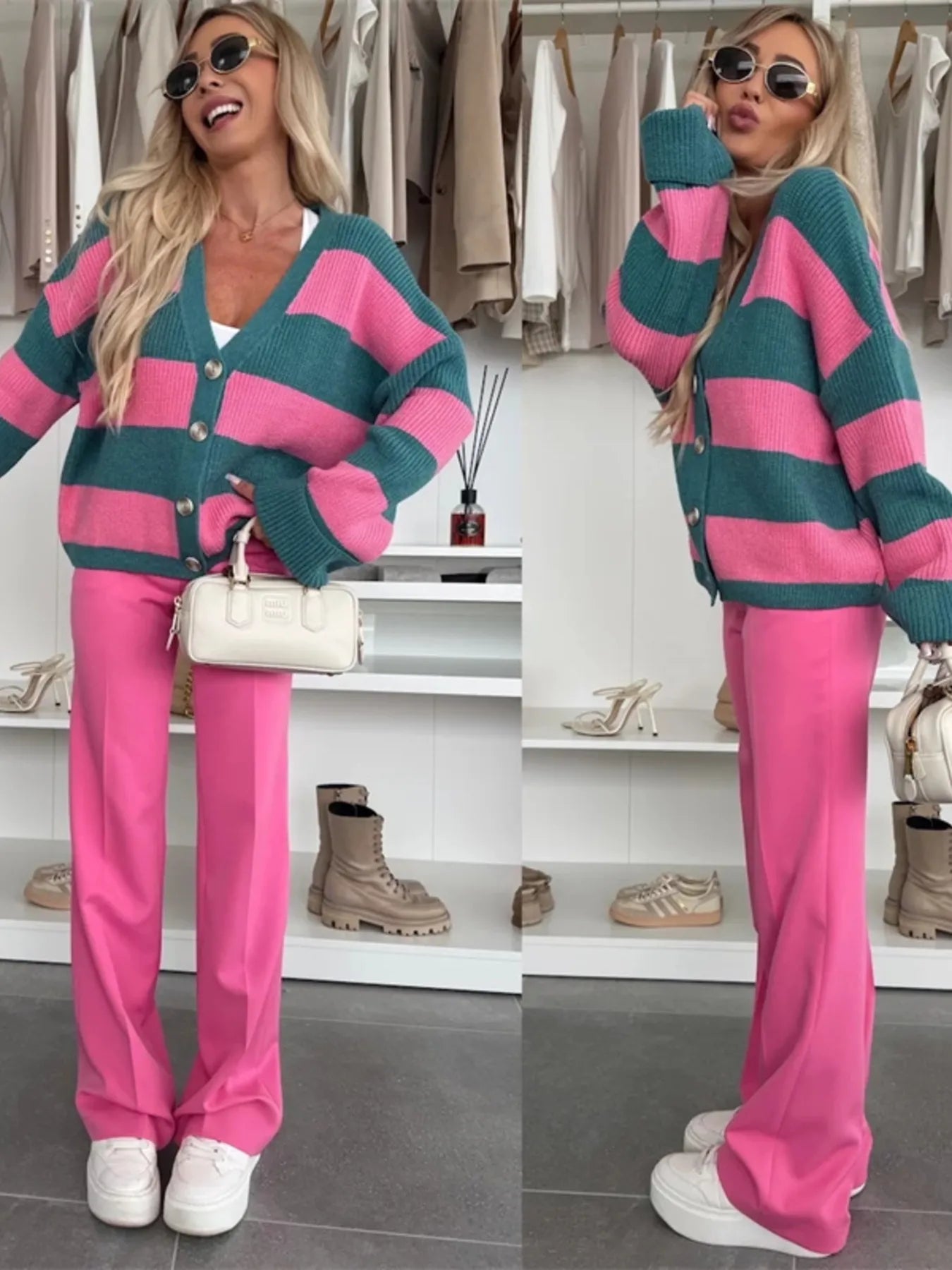 Color Block Striped V-Neck Button Front Cardigan - Fashorio